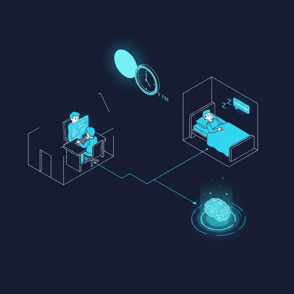 Isometric illustration of nighttime prospect outreach with AI responding