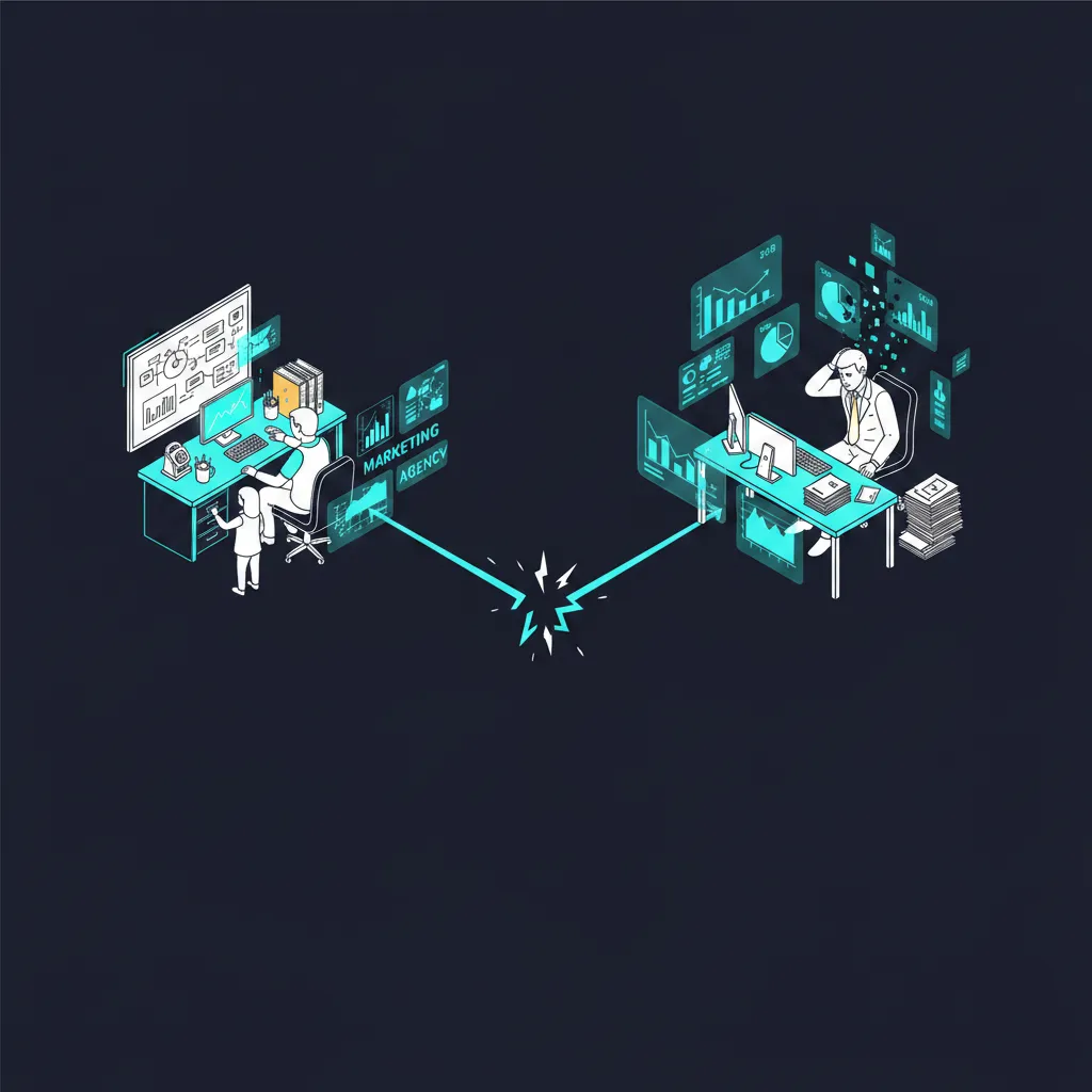 Isometric illustration of broken connection between marketing agency and advisor