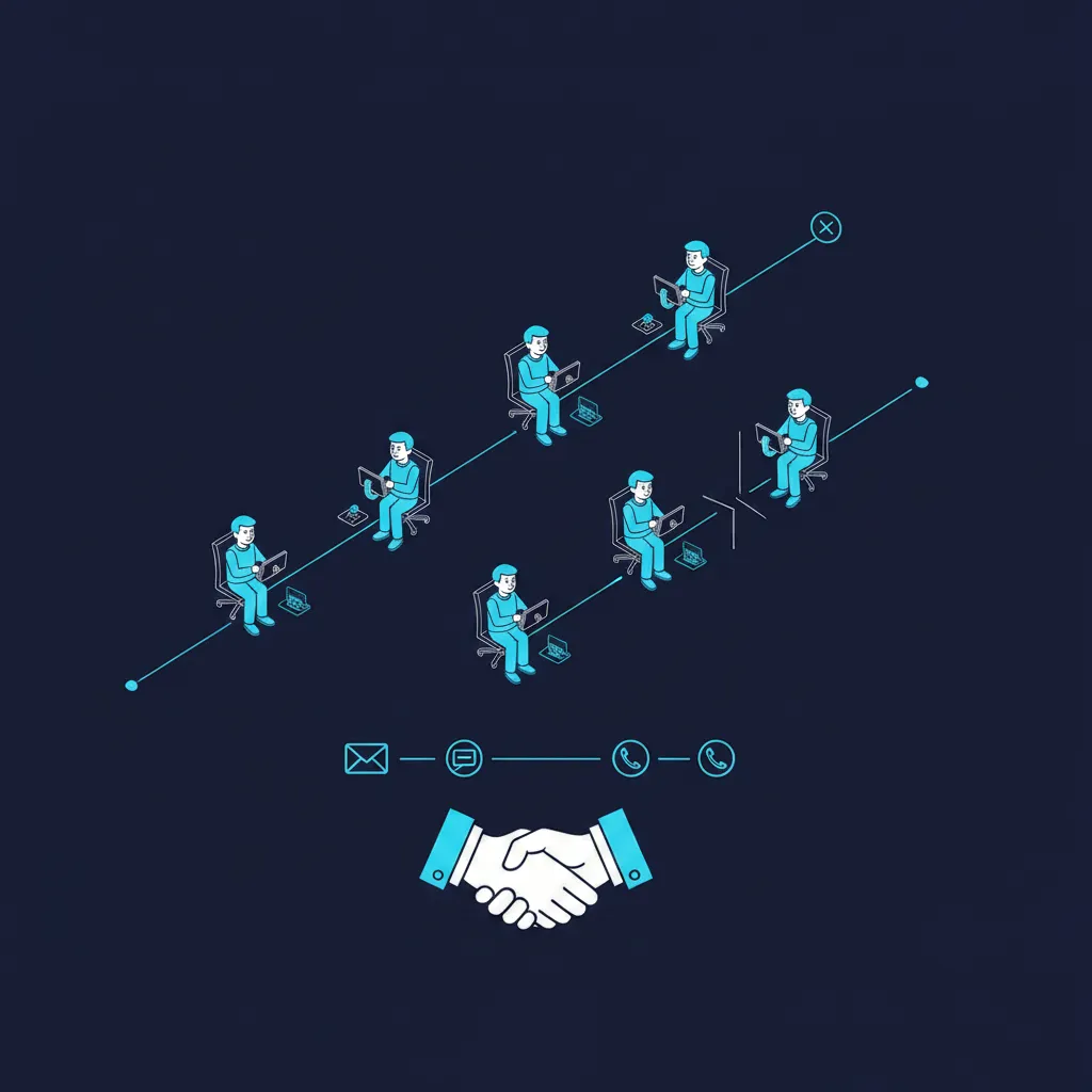 Isometric illustration of follow-up touchpoints leading to a handshake