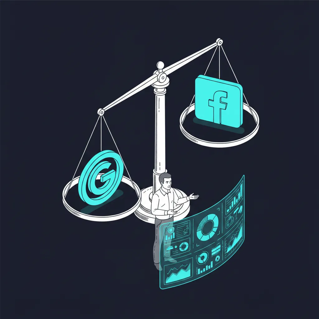Isometric illustration of Google and Facebook on a balance scale