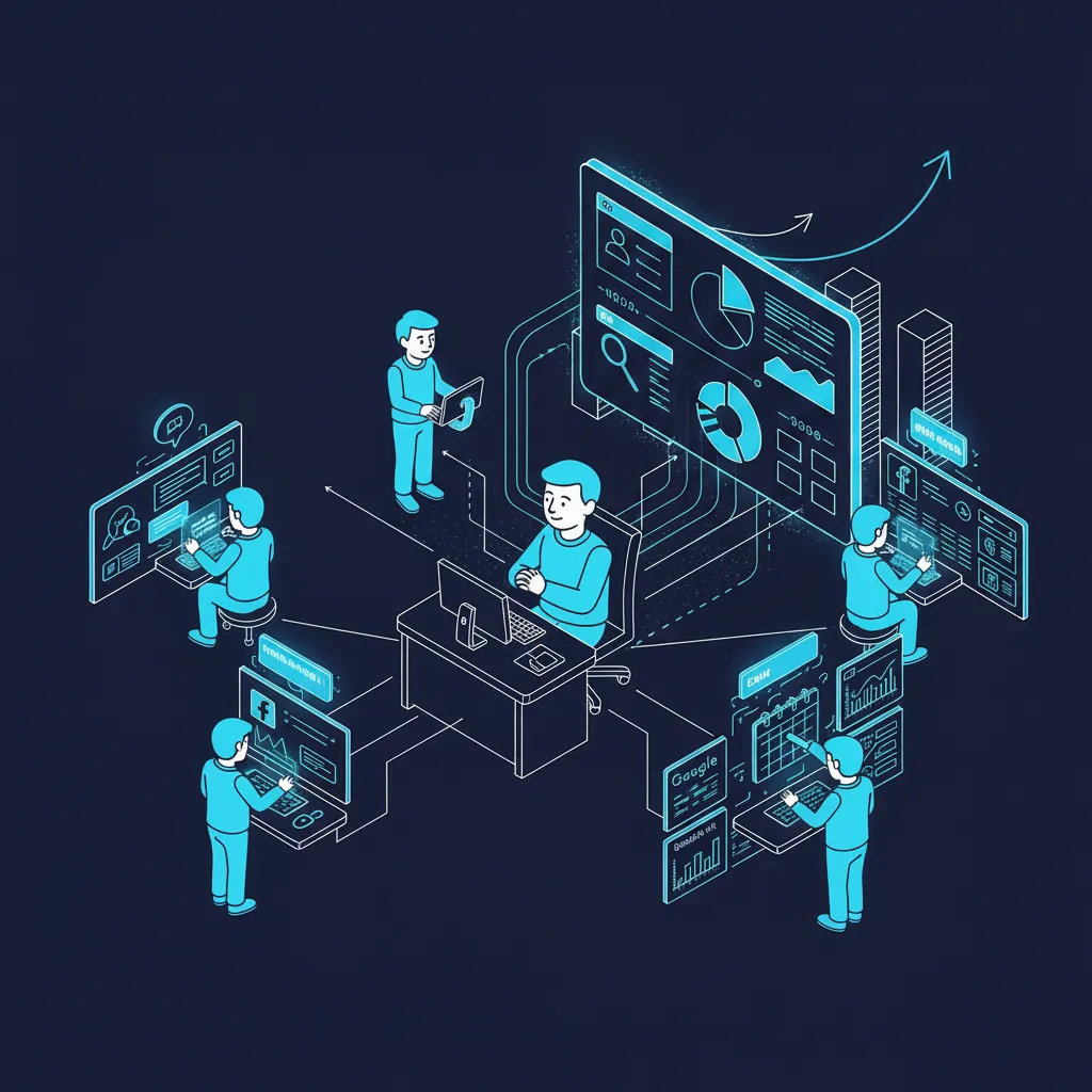 Isometric illustration of multi-channel marketing attribution dashboard