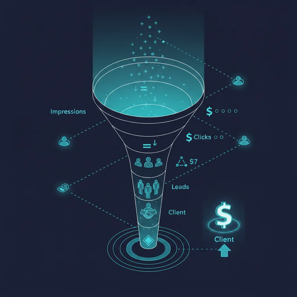 Isometric illustration of a marketing funnel from impressions to client