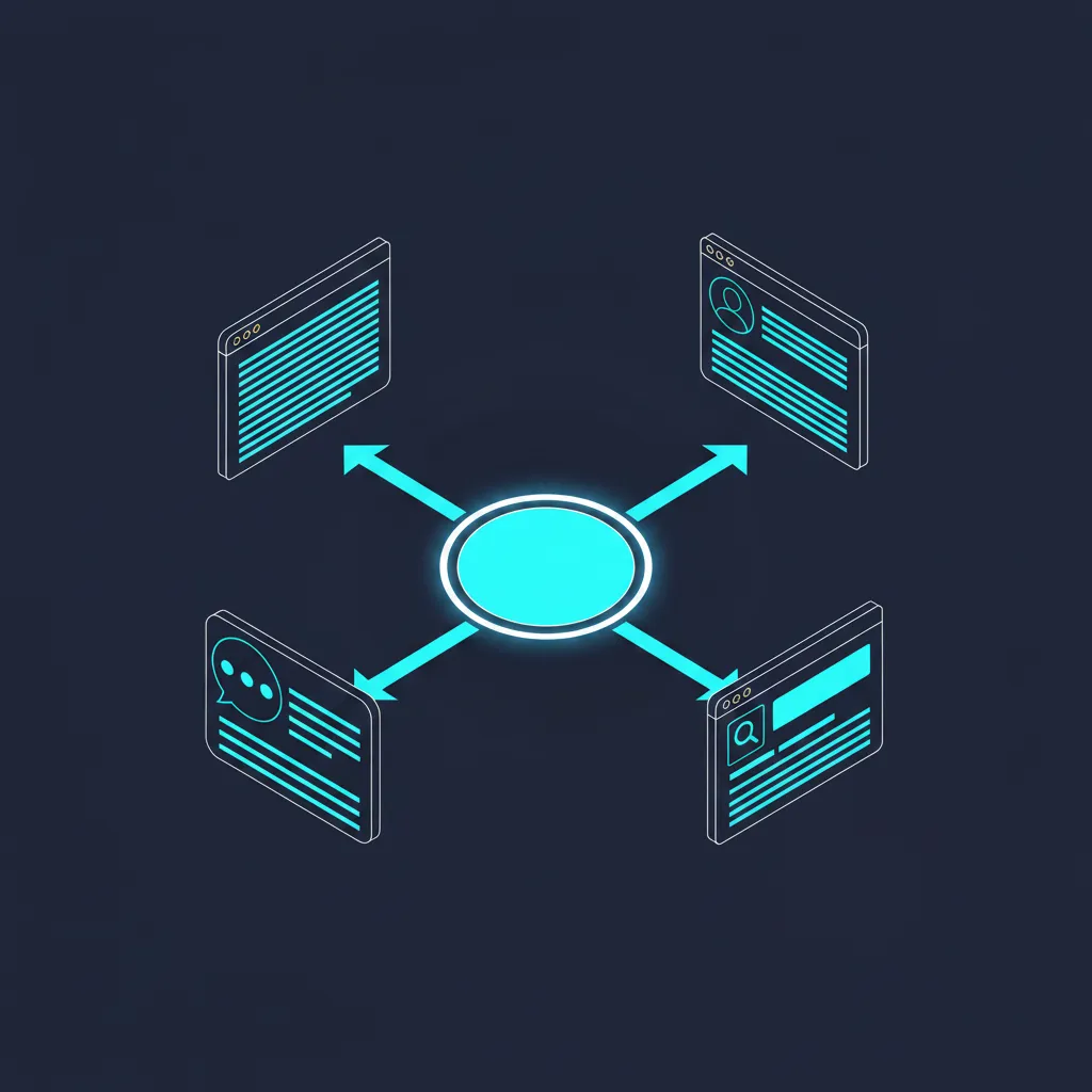Isometric illustration of a glowing content hub radiating out to a Facebook post, blog article, Google search result, and AI chat answer