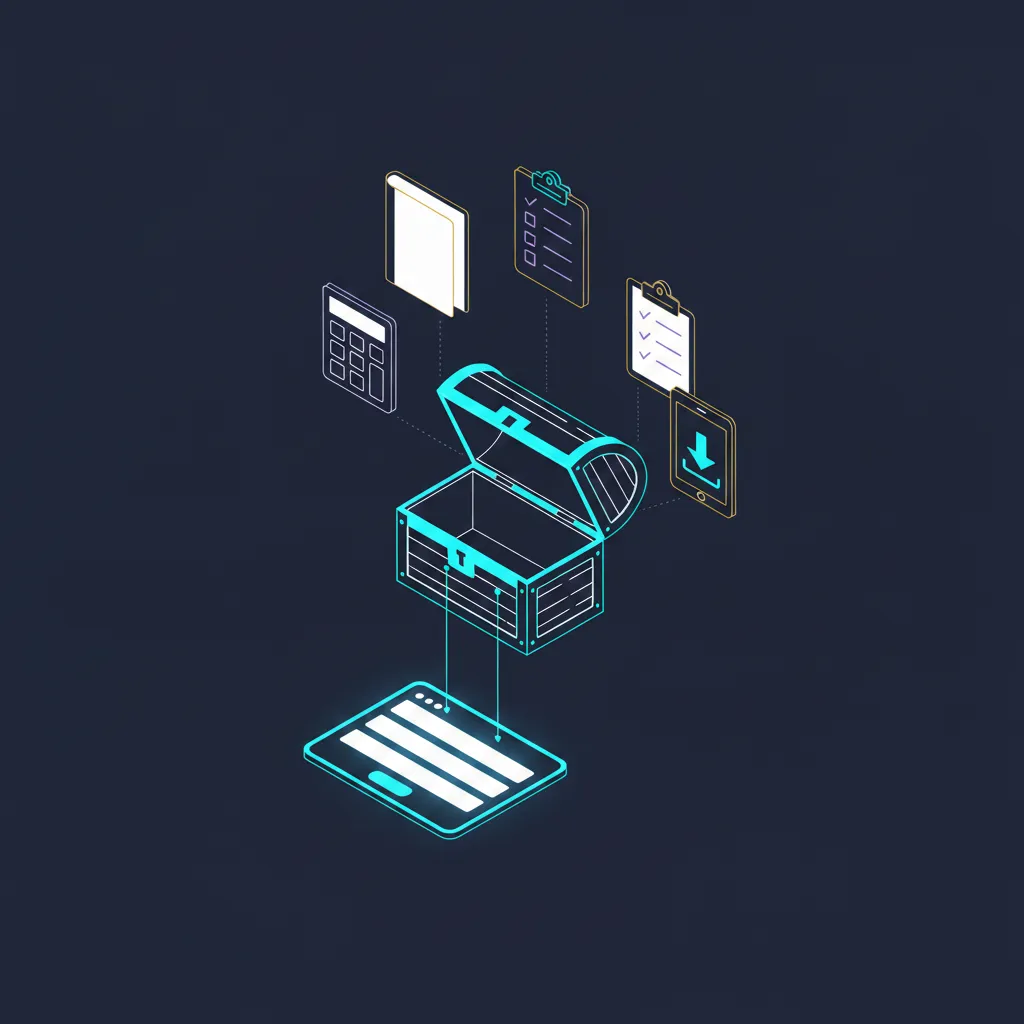 Isometric illustration of an open box releasing lead magnet icons including a guide booklet, calculator widget, checklist, and download landing page above a glowing capture form