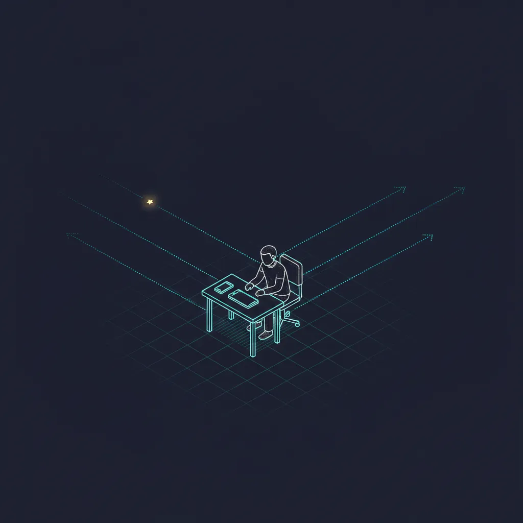 Small figure at a desk watching a silent phone while faint dotted referral paths fade out into the distance
